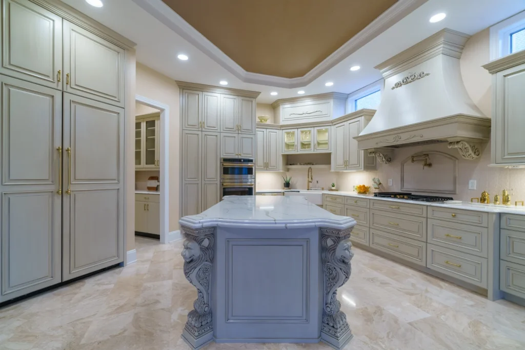“Minimalist kitchen with flat-panel cabinets, quartz countertops, and pendant lighting.”
